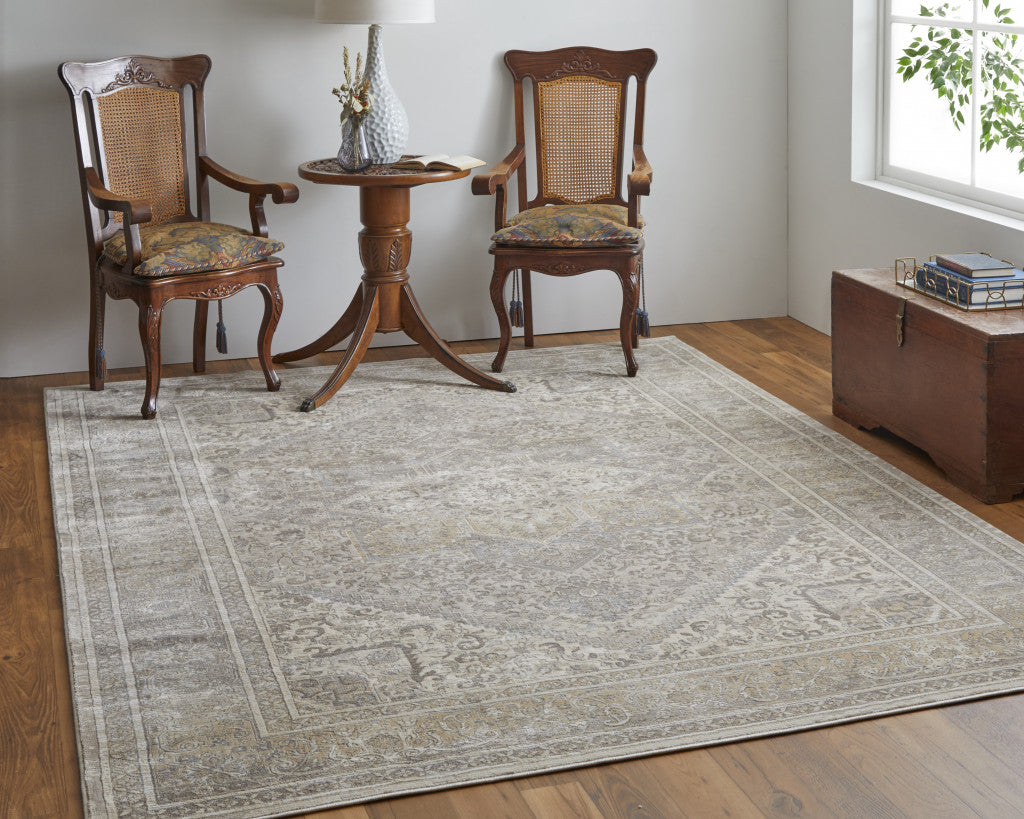 12 x 15 Tan Brown & Ivory Floral Power Loom Distressed Rug