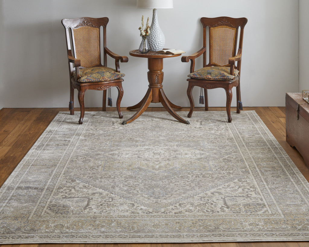 12 x 15 Tan Brown & Ivory Floral Power Loom Distressed Rug