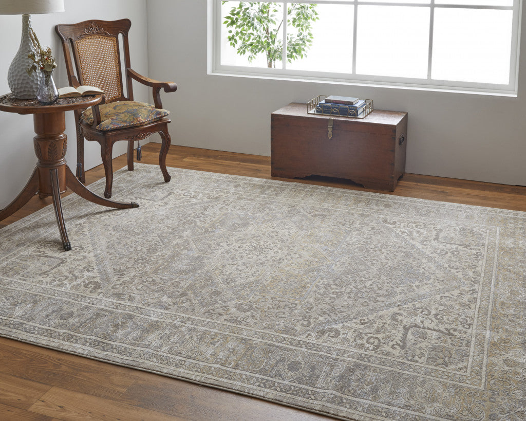 12 x 15 Tan Brown & Ivory Floral Power Loom Distressed Rug