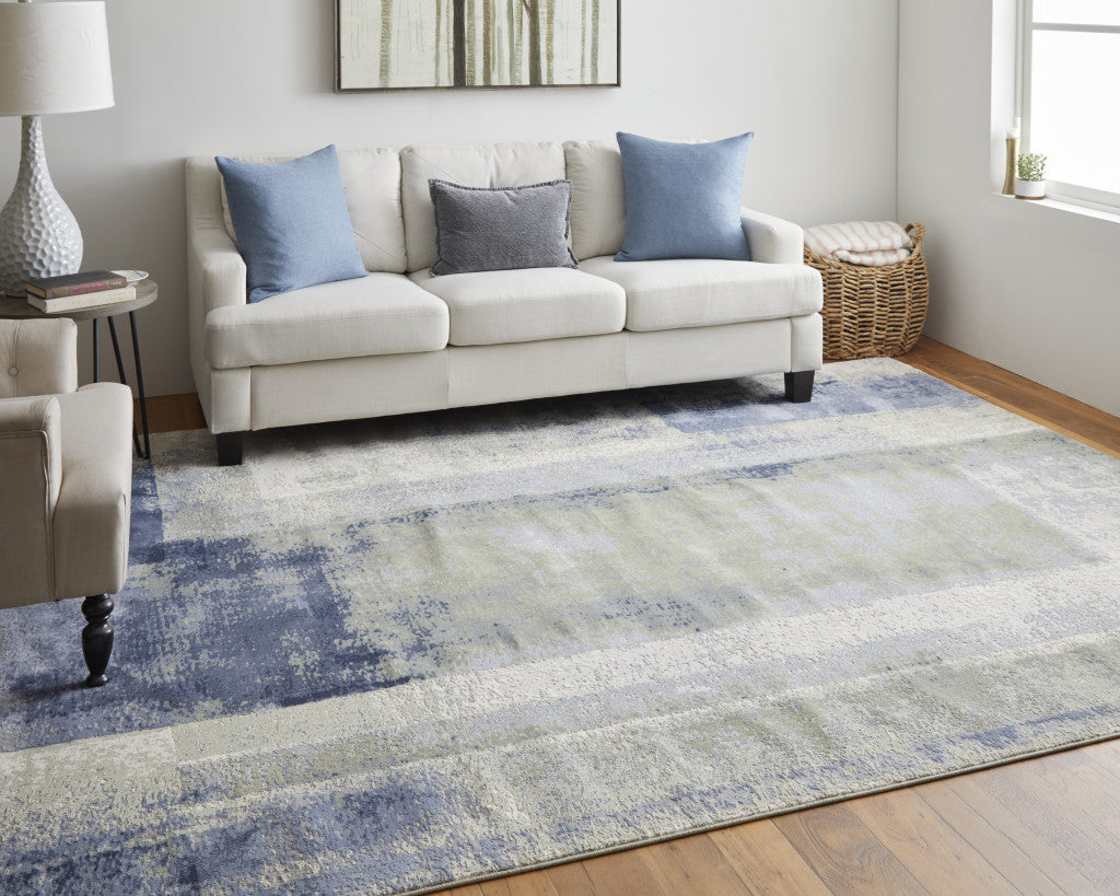 10 x 13 Blue Green & Ivory Power Loom Distressed Rug