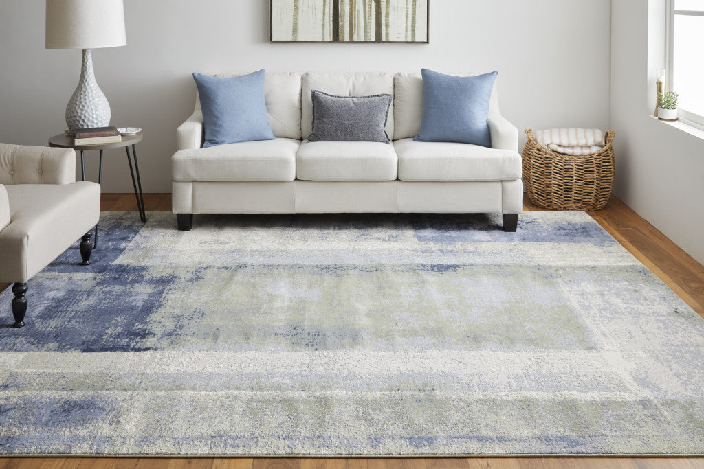 10 x 13 Blue Green & Ivory Power Loom Distressed Rug