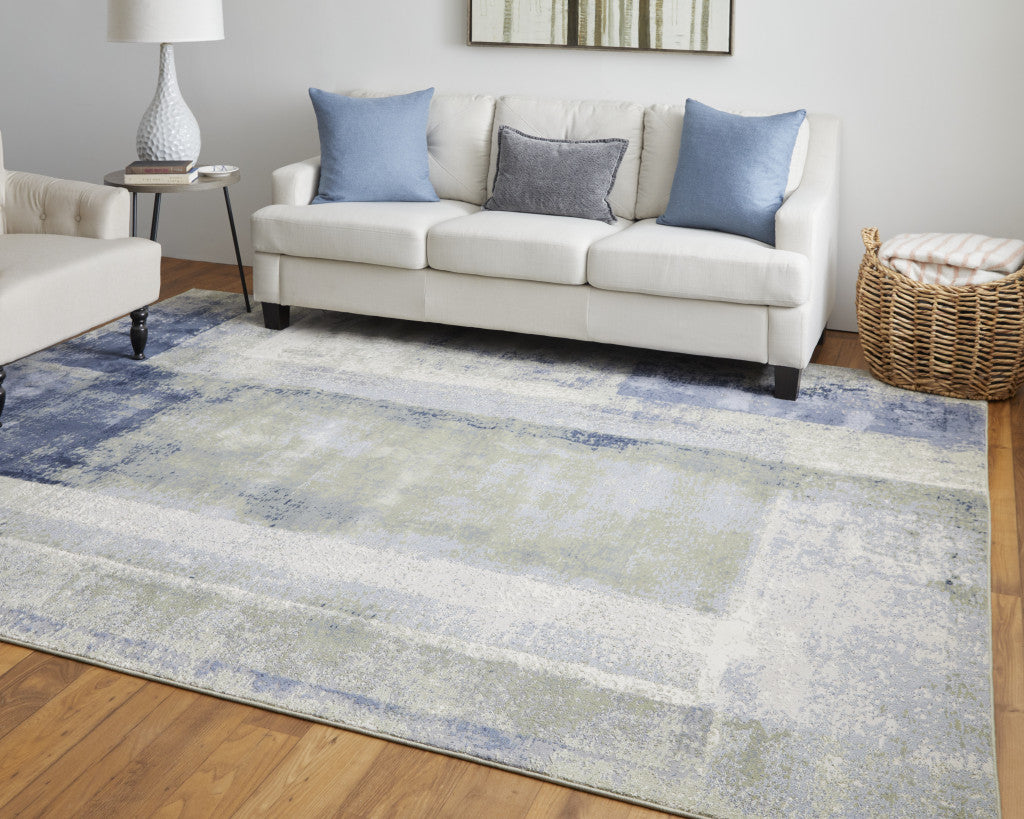 10 x 13 Blue Green & Ivory Power Loom Distressed Rug