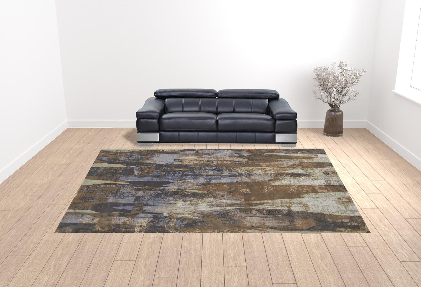 12 x 15 Brown Blue & Ivory Power Loom Distressed Rug
