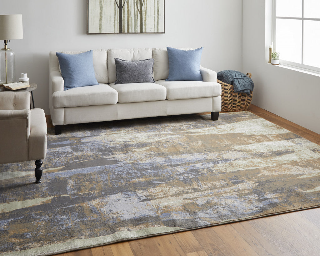12 x 15 Brown Blue & Ivory Power Loom Distressed Rug