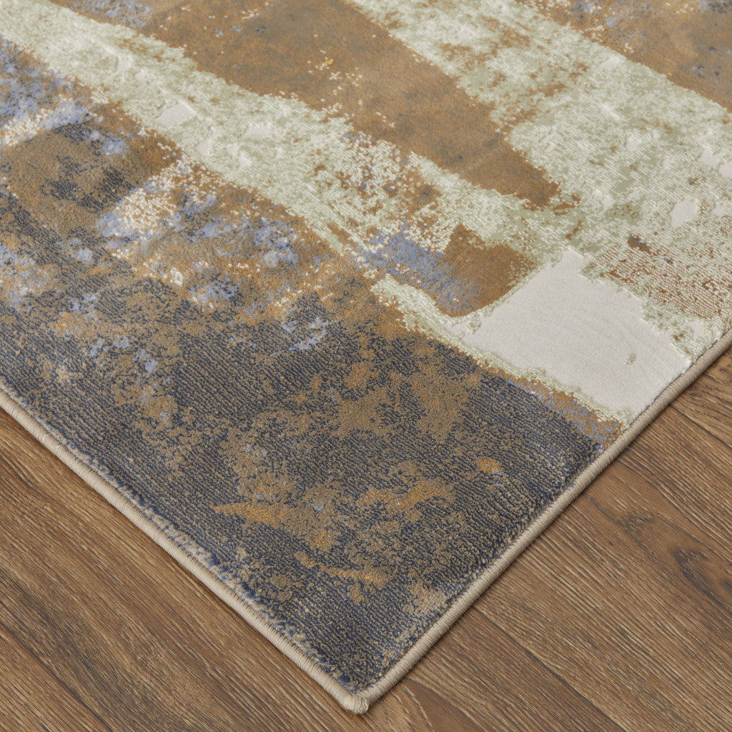 12 x 15 Brown Blue & Ivory Power Loom Distressed Rug