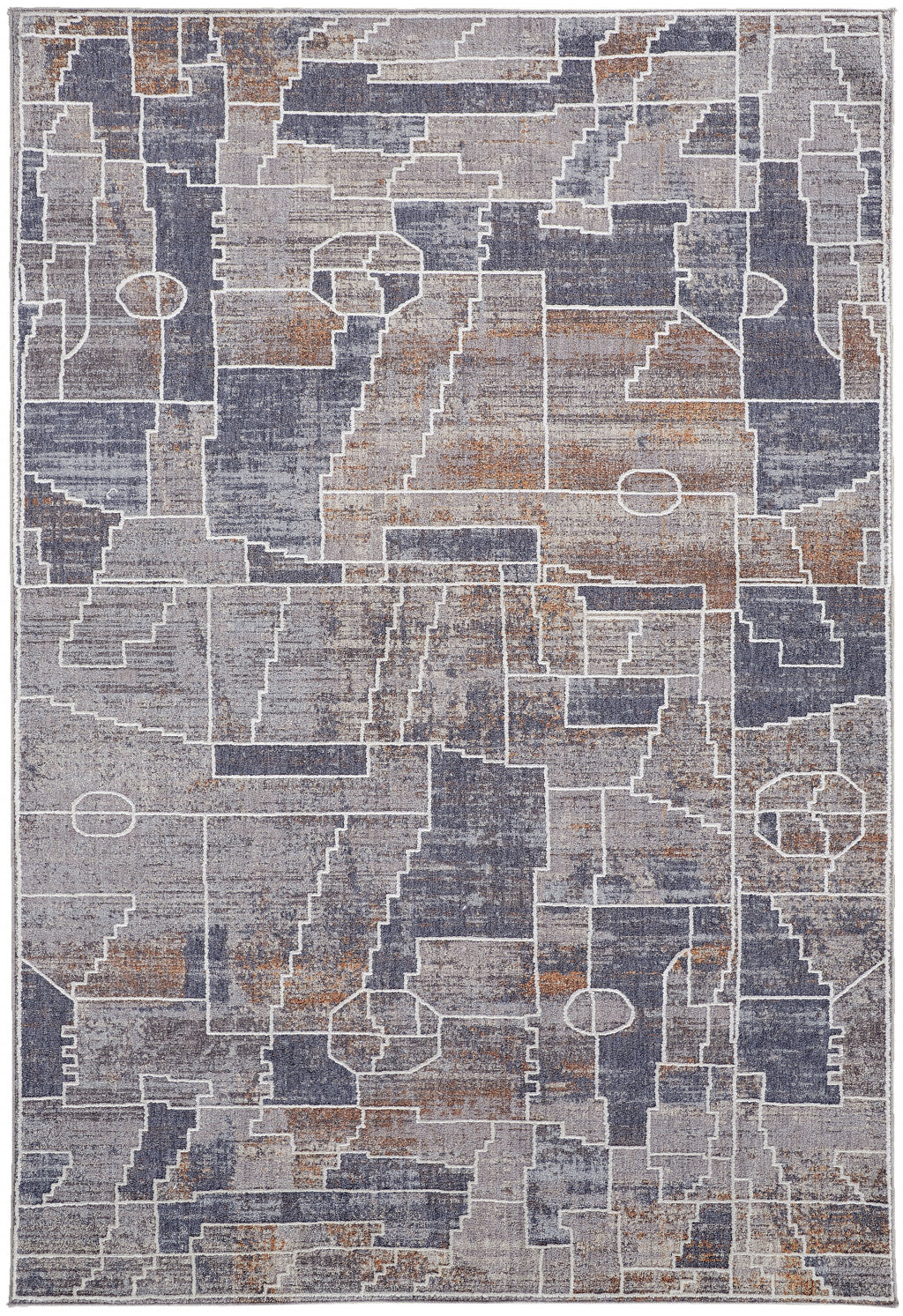 12 x 15 Blue Gray & Orange Geometric Power Loom Stain Resistant Rug