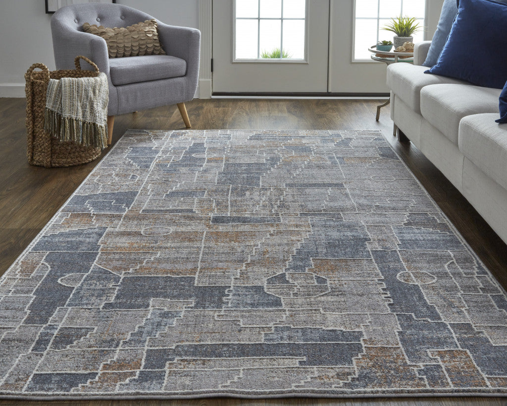 12 x 15 Blue Gray & Orange Geometric Power Loom Stain Resistant Rug