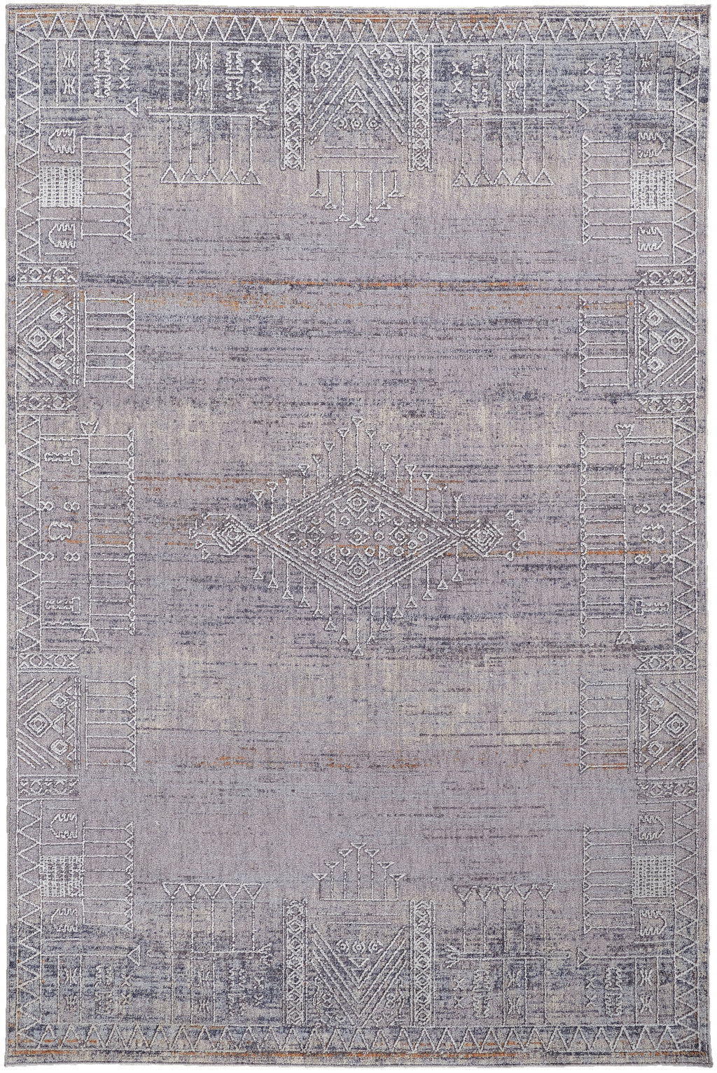 12 x 15 Gray Ivory & Orange Geometric Power Loom Distressed Stain Resistant Rug