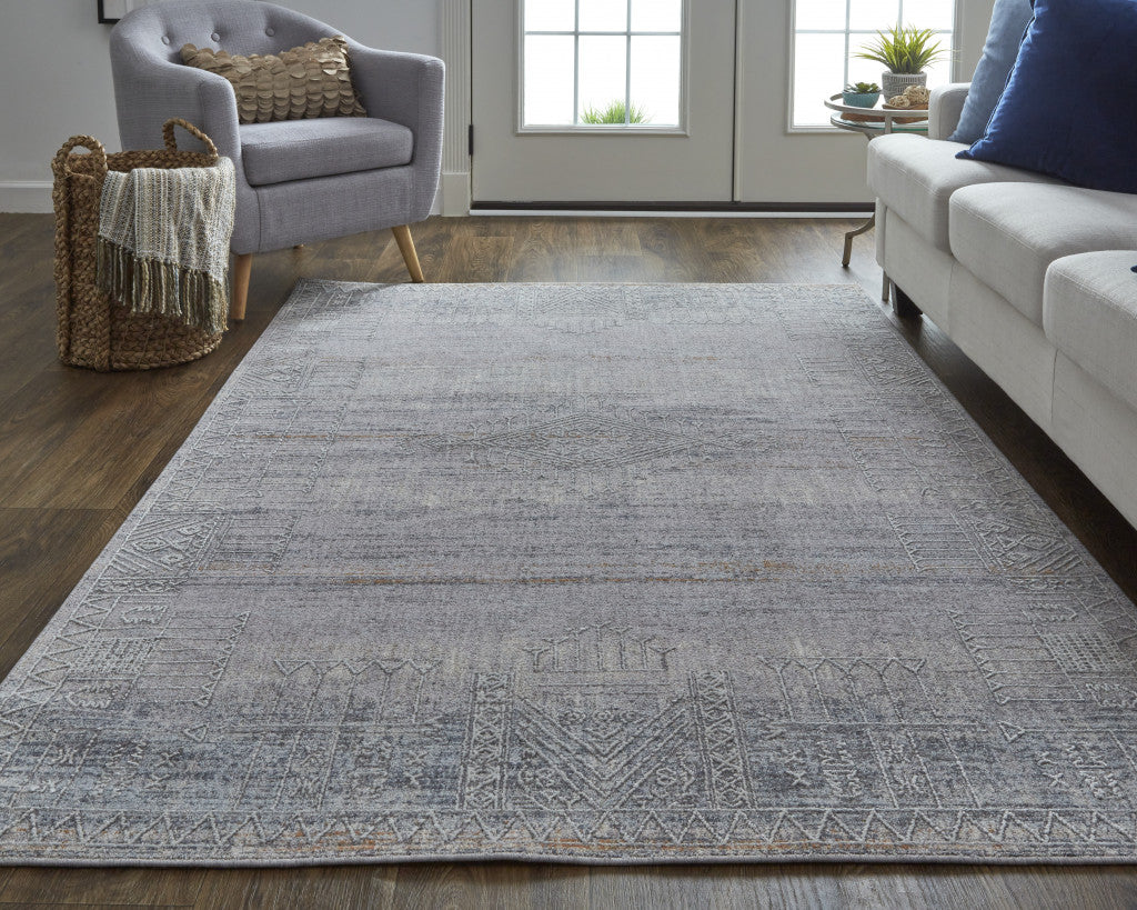12 x 15 Gray Ivory & Orange Geometric Power Loom Distressed Stain Resistant Rug