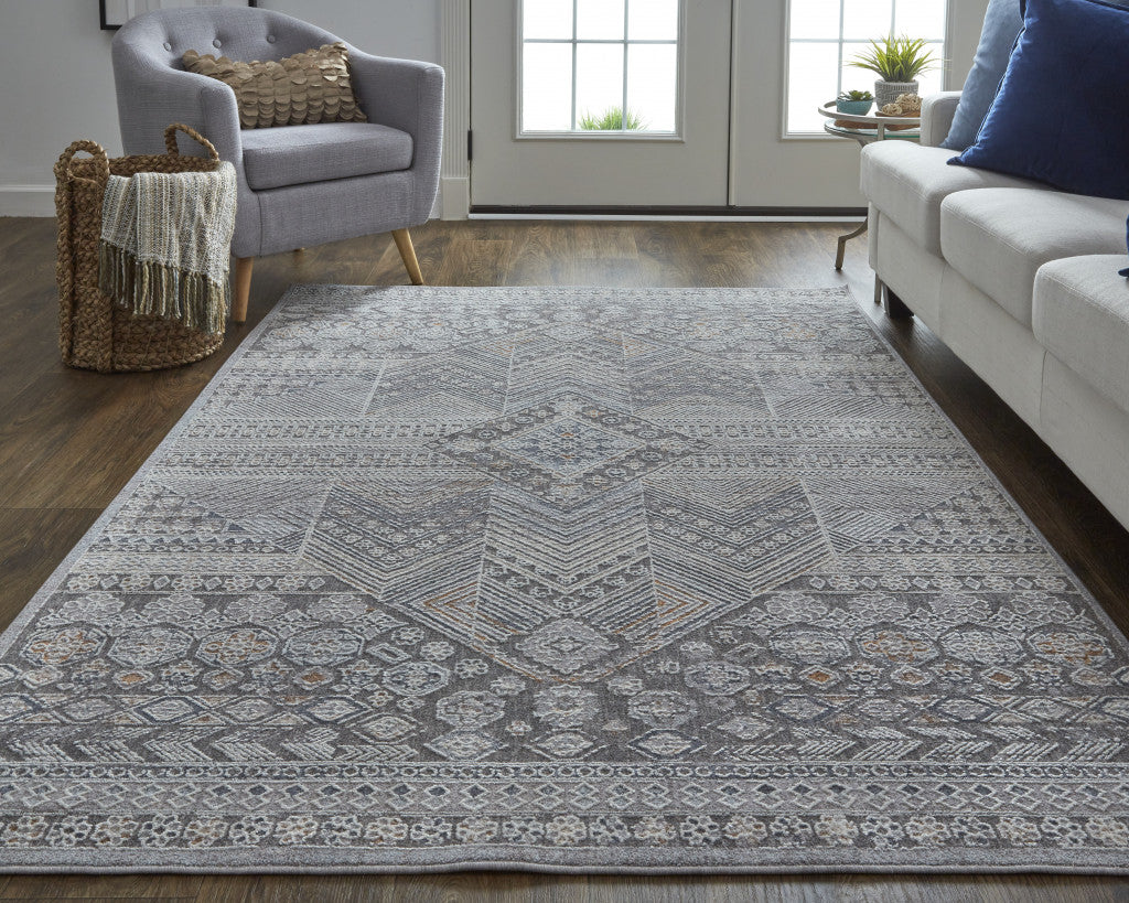 12 x 15 Ivory & Gray Geometric Power Loom Distressed Stain Resistant Rug