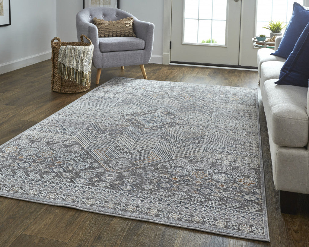 12 x 15 Ivory & Gray Geometric Power Loom Distressed Stain Resistant Rug