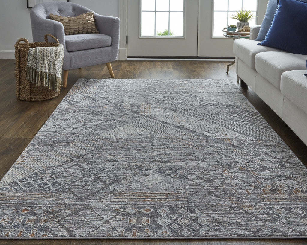 12 x 15 Ivory & Gray Geometric Power Loom Distressed Stain Resistant Rug