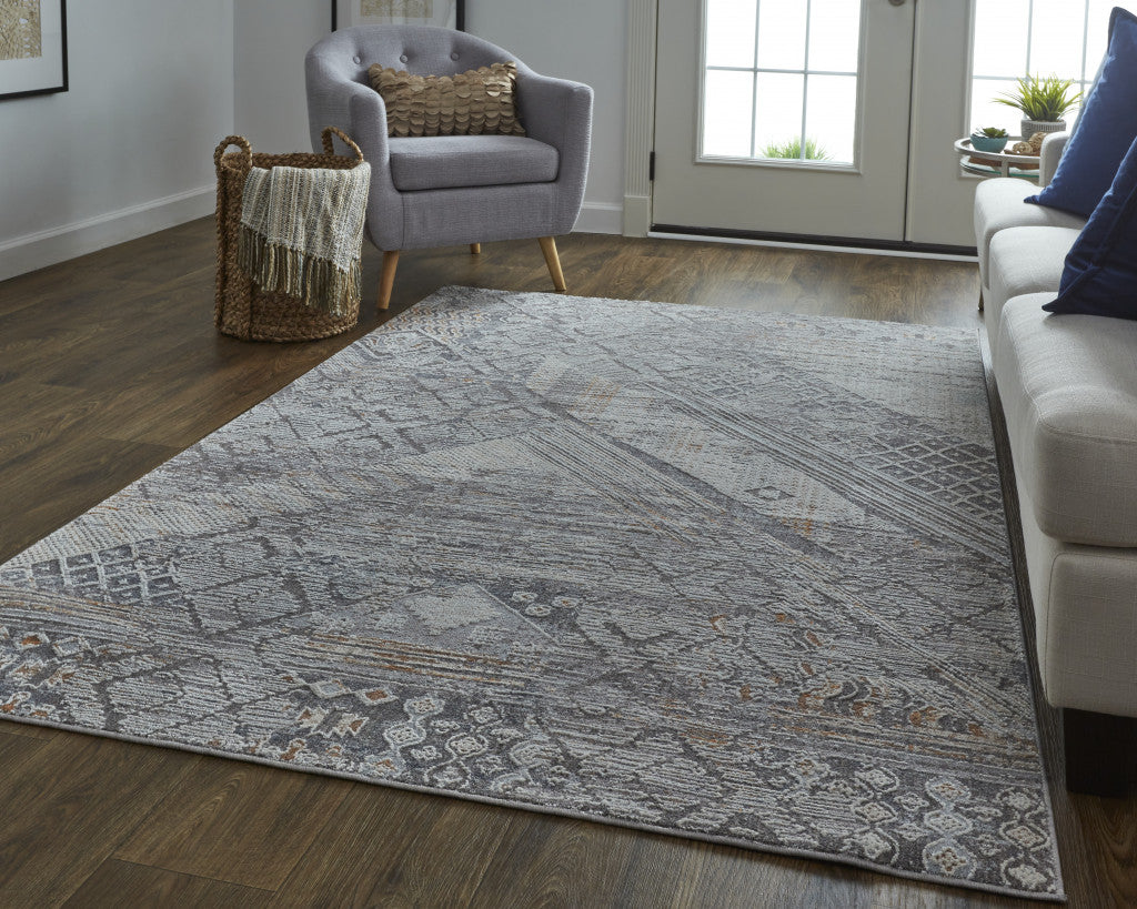 12 x 15 Ivory & Gray Geometric Power Loom Distressed Stain Resistant Rug