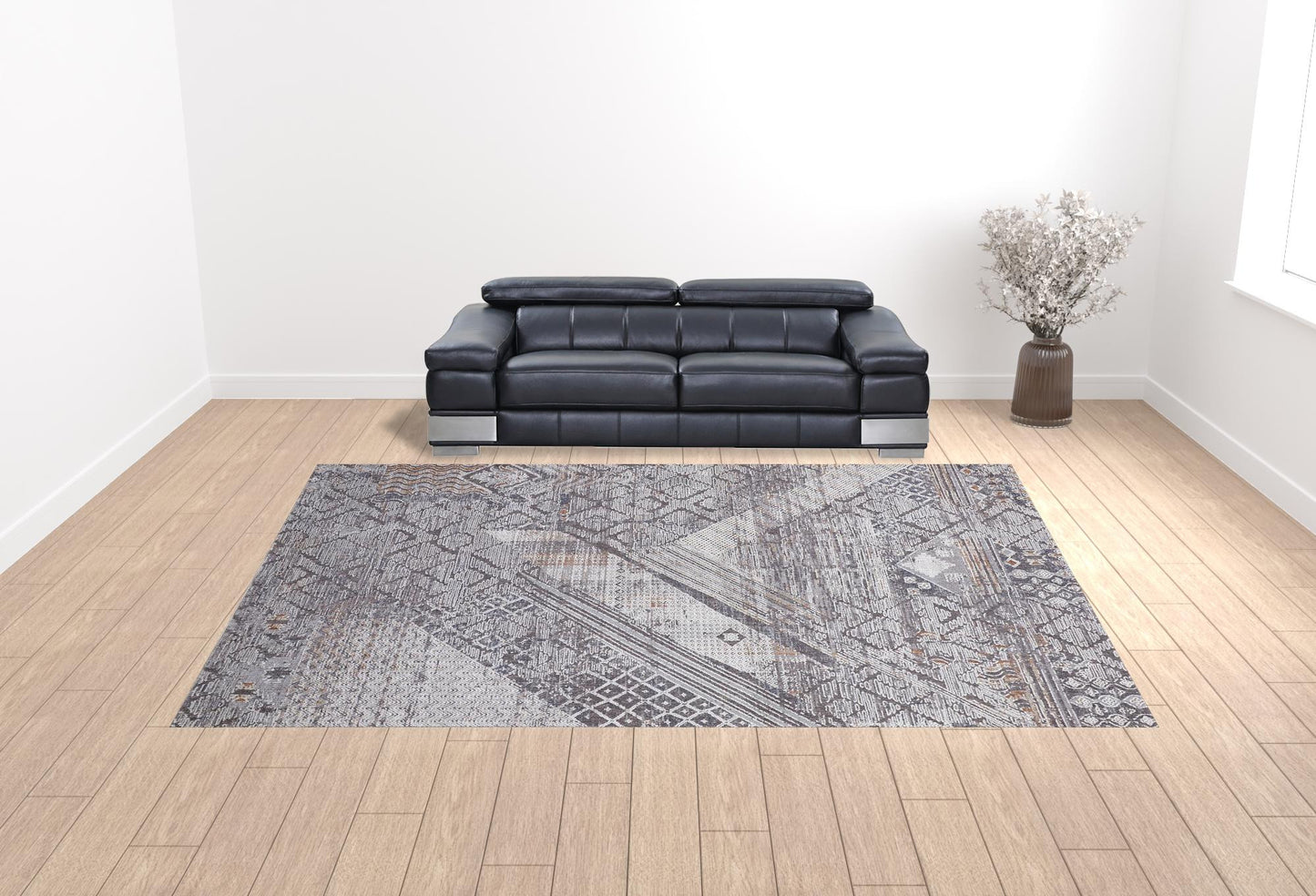 12 x 15 Ivory & Gray Geometric Power Loom Distressed Stain Resistant Rug