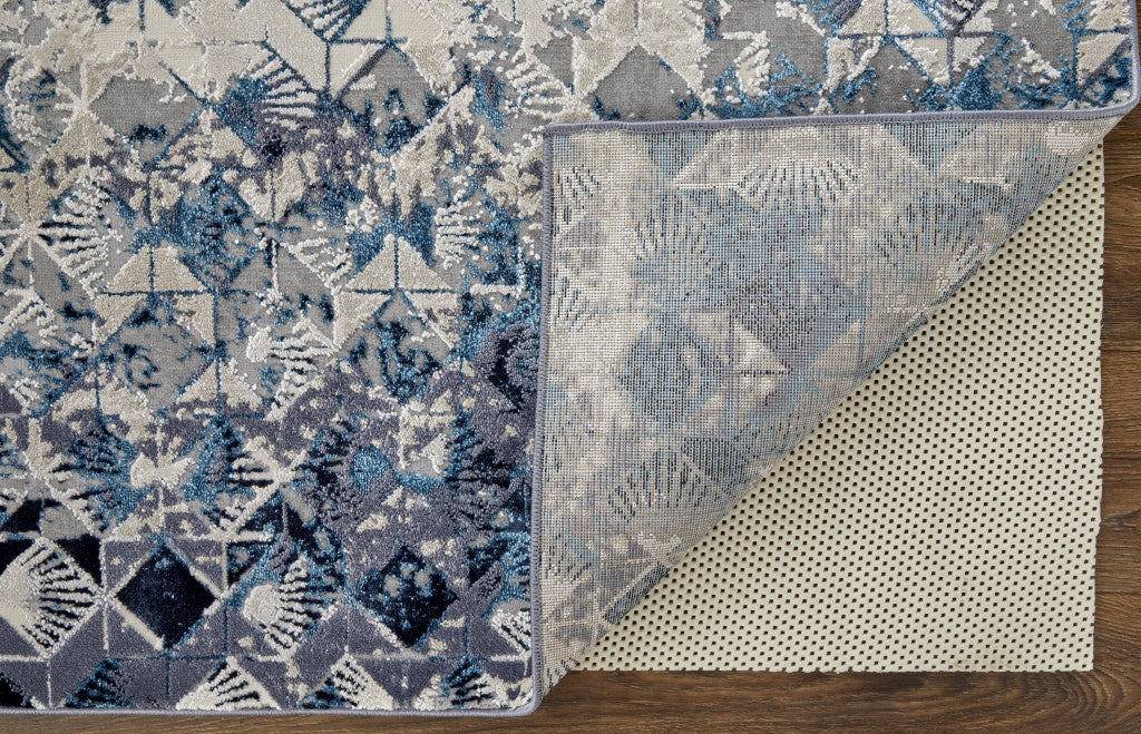 10 x 13 Blue Ivory & Gray Geometric Power Loom Distressed Rug