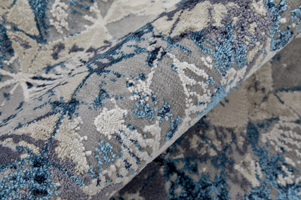 12 x 15 Blue Ivory & Gray Geometric Power Loom Distressed Rug