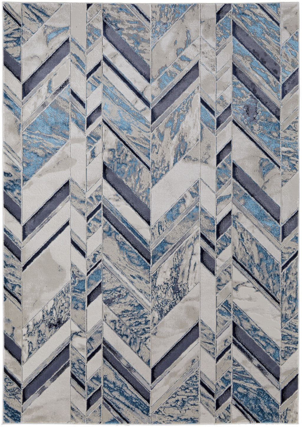 10 x 13 Ivory Blue & Gray Chevron Power Loom Distressed Rug