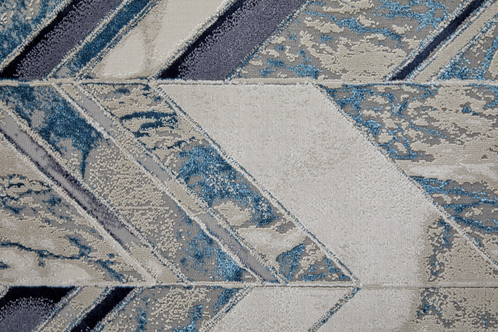 10 x 13 Ivory Blue & Gray Chevron Power Loom Distressed Rug