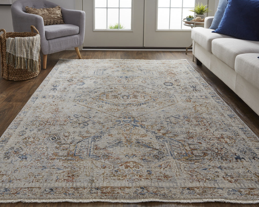 10 x 13 Tan Orange & Red Floral Power Loom Distressed Rug With Fringe
