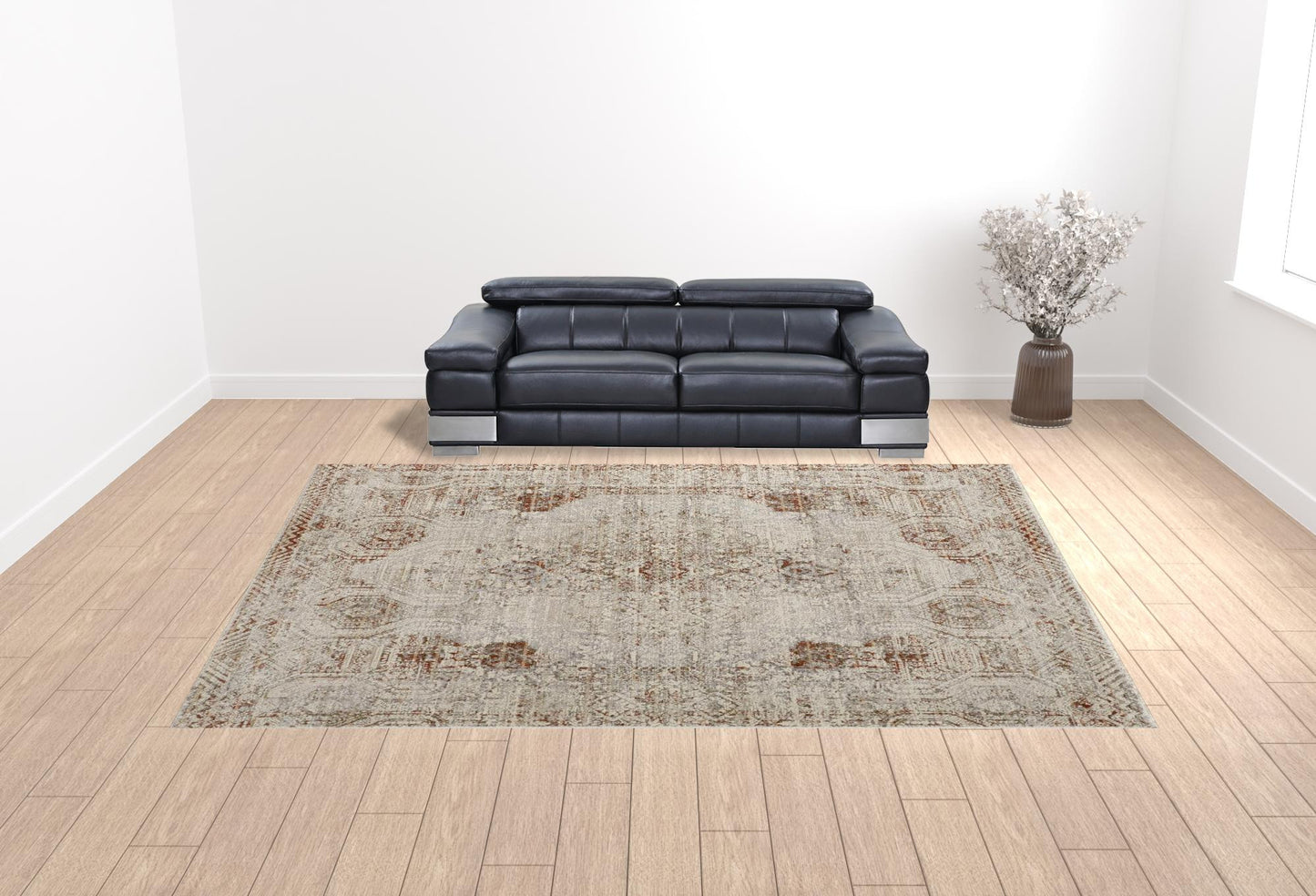 12 x 15 Tan Ivory & Orange Floral Power Loom Distressed Rug With Fringe