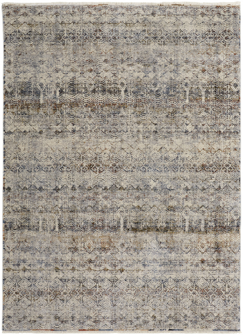10 x 13 Tan Ivory & Blue Geometric Power Loom Distressed Rug With Fringe