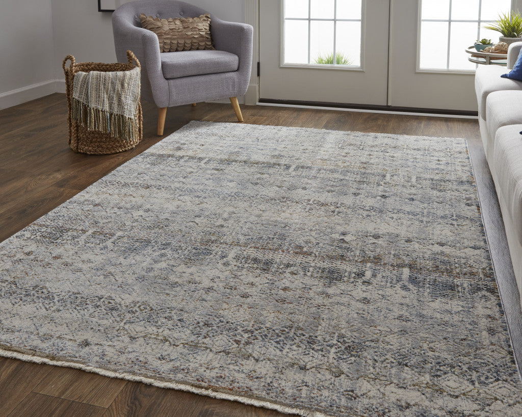 10 x 13 Tan Ivory & Blue Geometric Power Loom Distressed Rug With Fringe