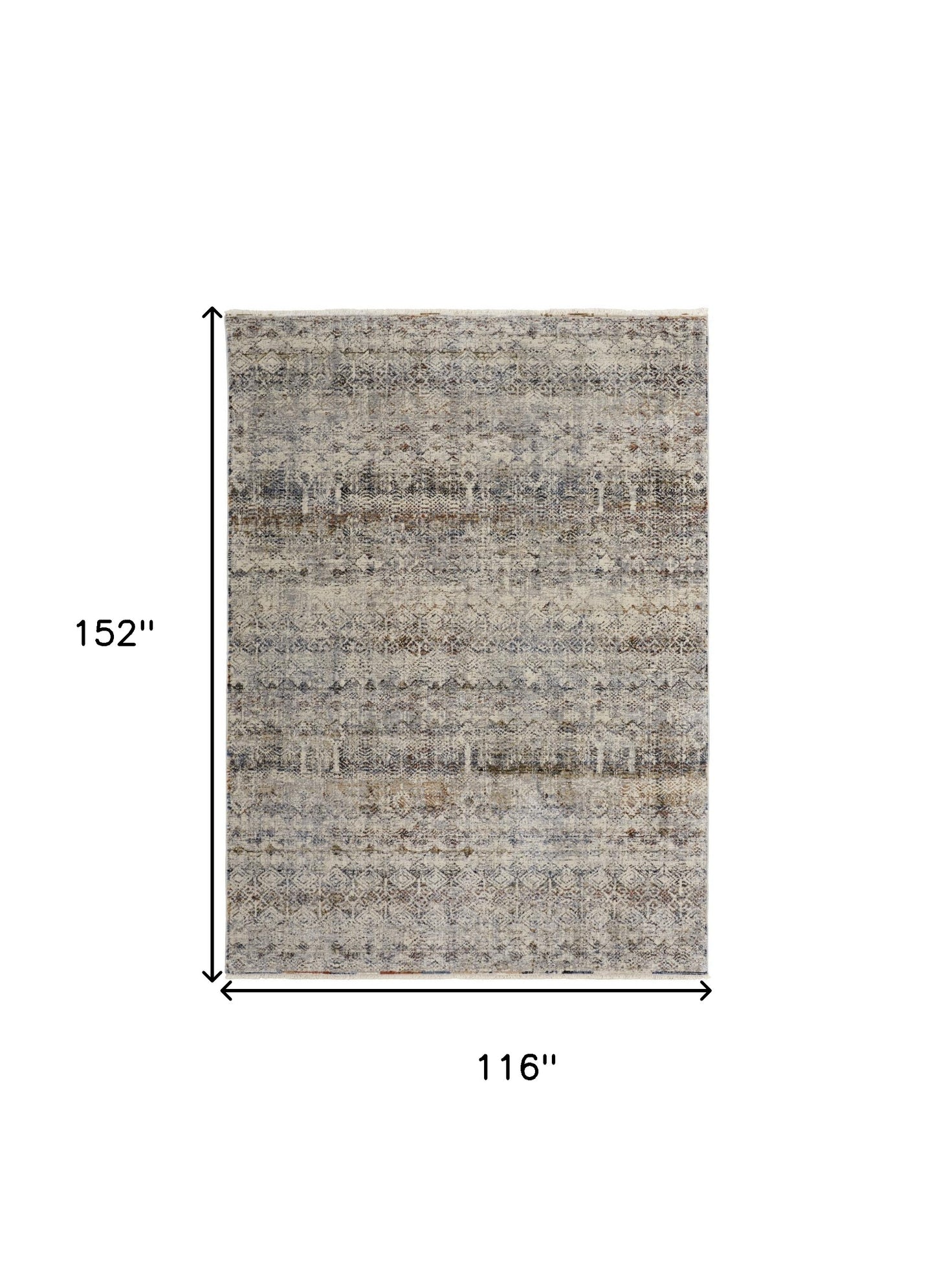 10 x 13 Tan Ivory & Blue Geometric Power Loom Distressed Rug With Fringe