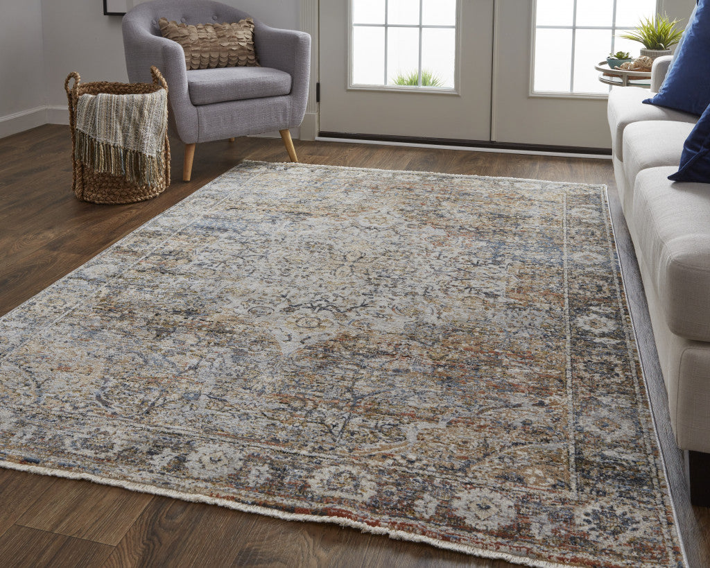 10 x 13 Tan Orange & Blue Floral Power Loom Distressed Rug With Fringe