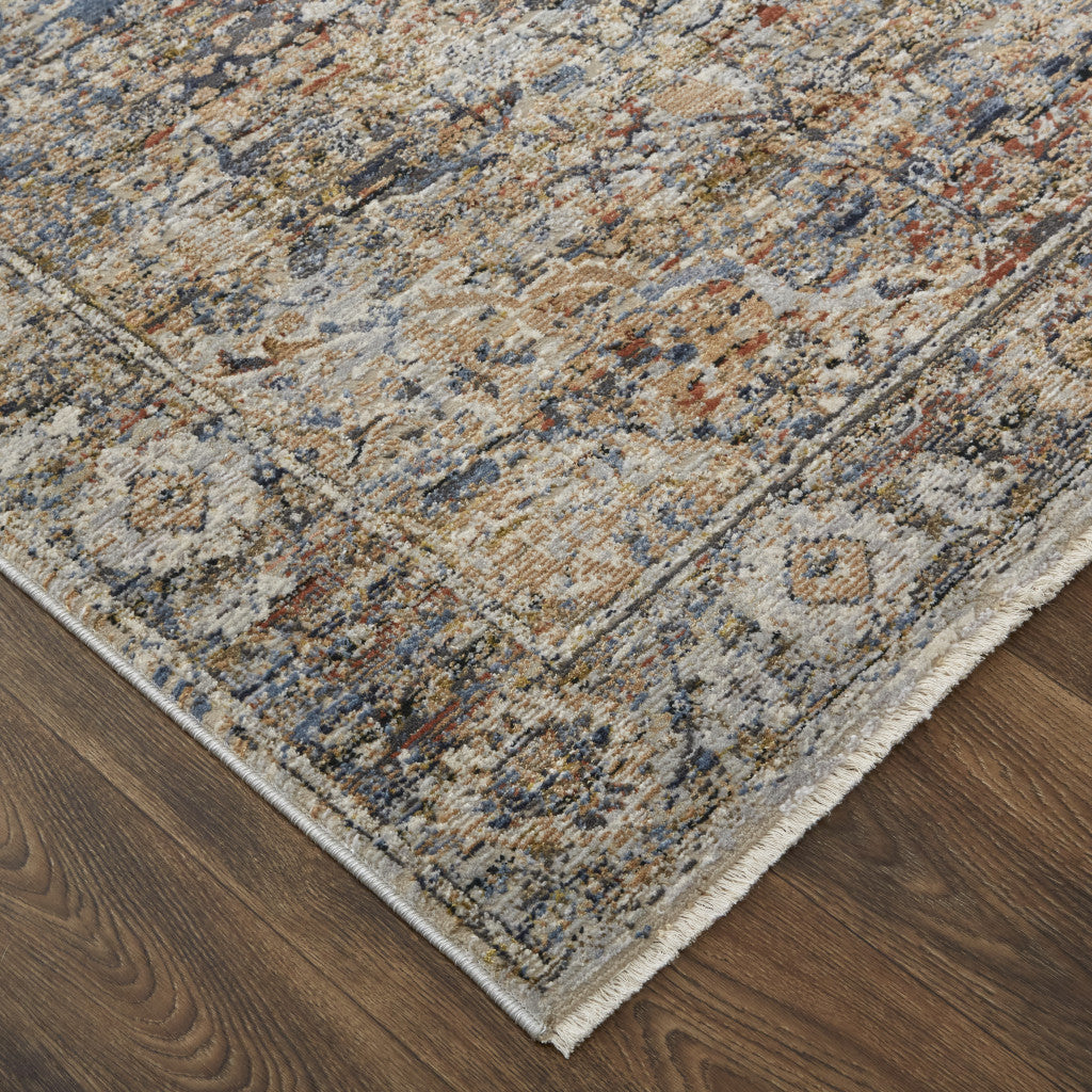 10 x 13 Tan Orange & Blue Floral Power Loom Distressed Rug With Fringe