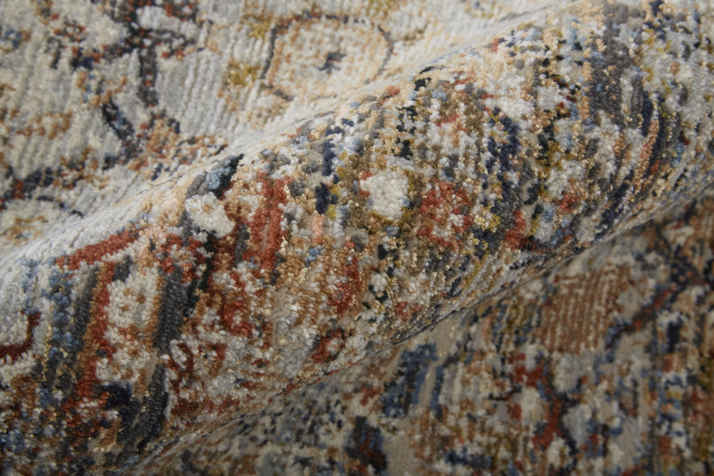 10 x 13 Tan Orange & Blue Floral Power Loom Distressed Rug With Fringe