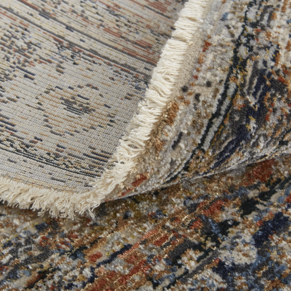 10 x 13 Tan Orange & Blue Floral Power Loom Distressed Rug With Fringe