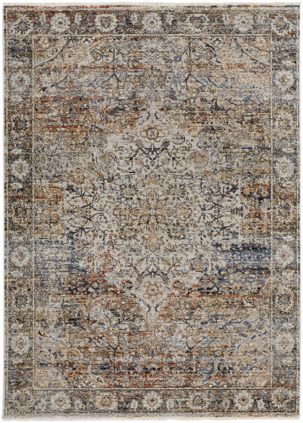 12 x 15 Tan Orange & Blue Floral Power Loom Distressed Rug With Fringe