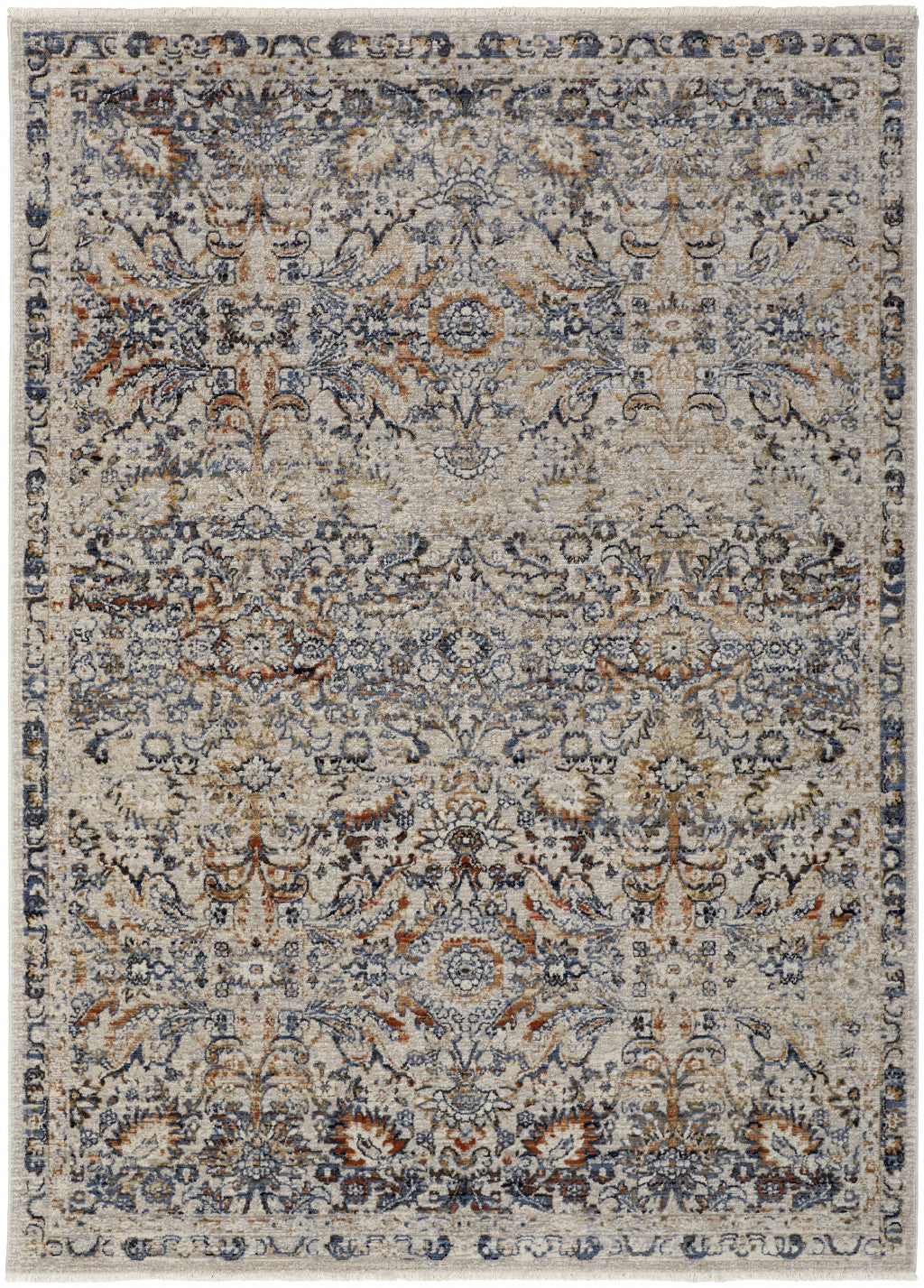 12 x 15 Tan Blue & Orange Floral Power Loom Distressed Rug With Fringe