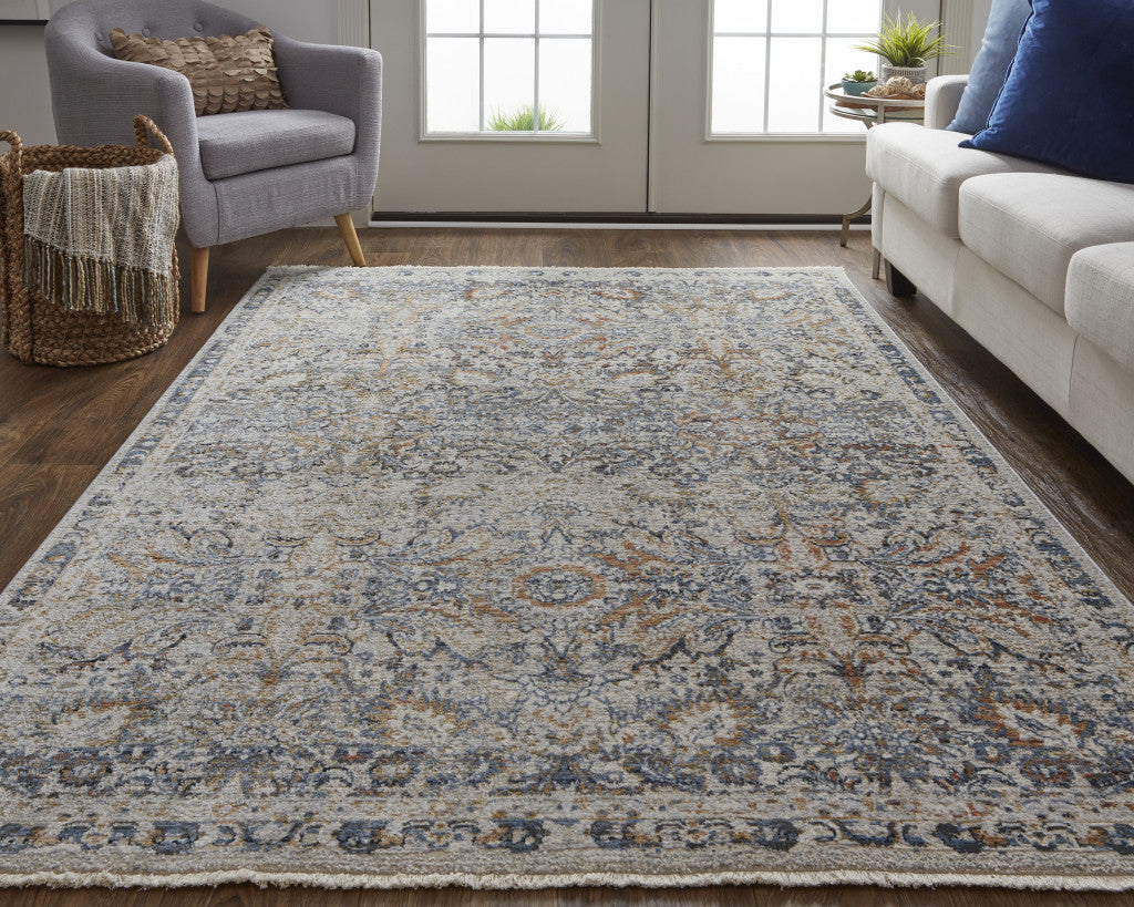 12 x 15 Tan Blue & Orange Floral Power Loom Distressed Rug With Fringe