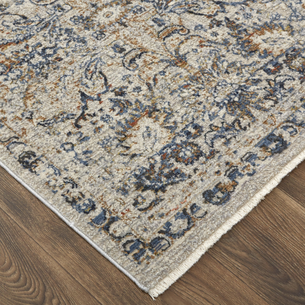 12 x 15 Tan Blue & Orange Floral Power Loom Distressed Rug With Fringe