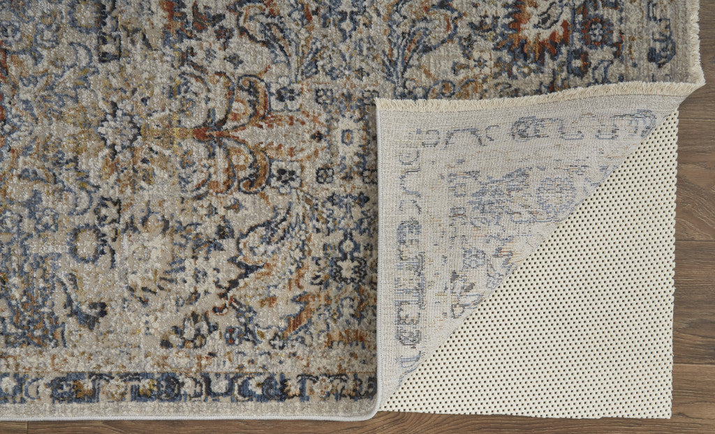12 x 15 Tan Blue & Orange Floral Power Loom Distressed Rug With Fringe