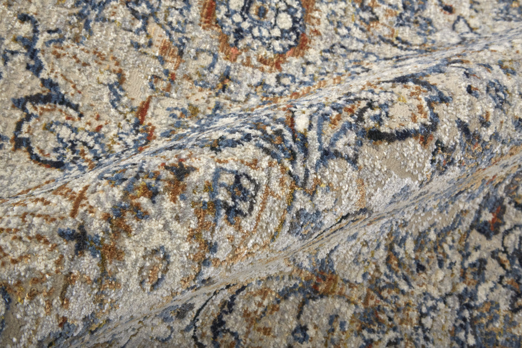 12 x 15 Tan Blue & Orange Floral Power Loom Distressed Rug With Fringe