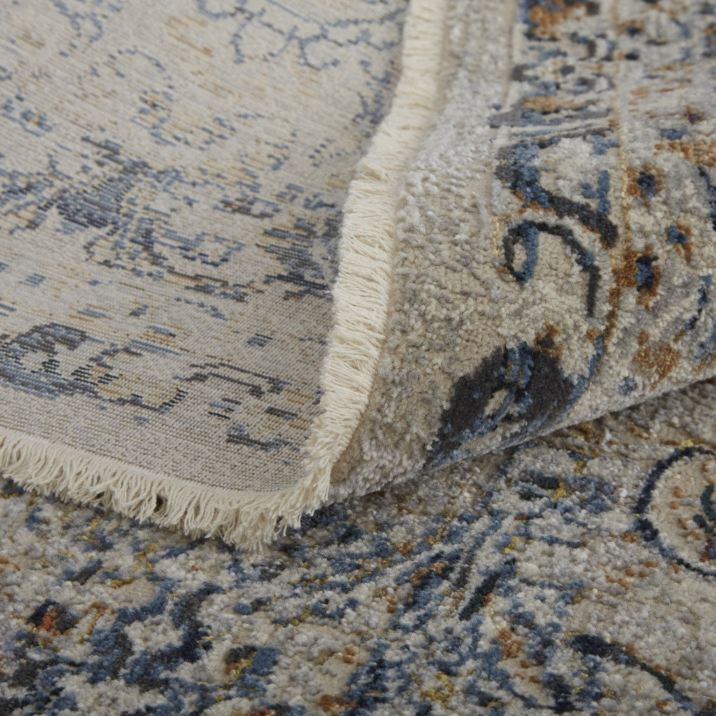 12 x 15 Tan Blue & Orange Floral Power Loom Distressed Rug With Fringe