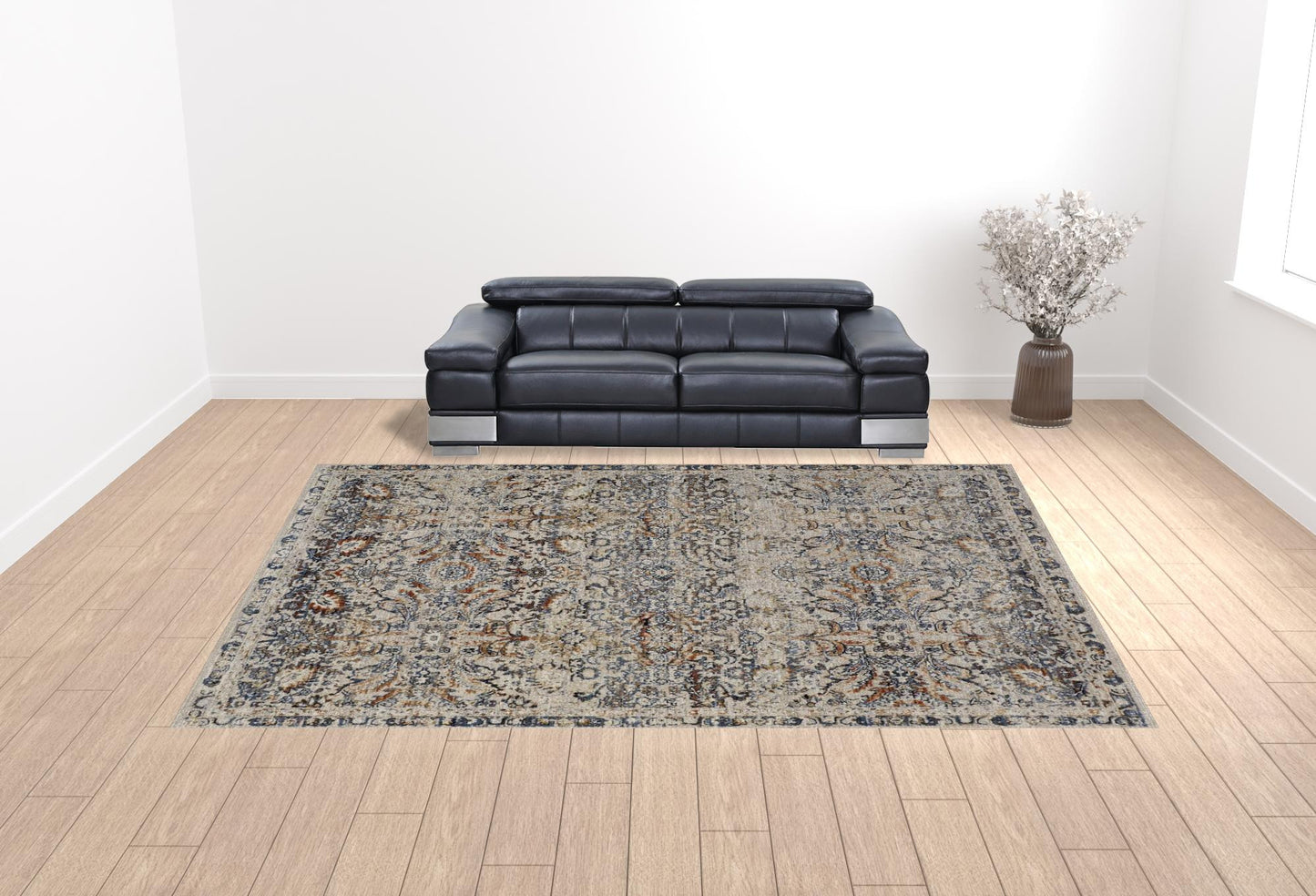 12 x 15 Tan Blue & Orange Floral Power Loom Distressed Rug With Fringe