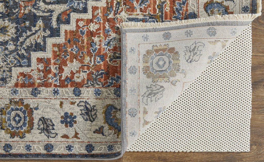 12 x 15 Ivory Blue & Red Floral Power Loom Rug With Fringe
