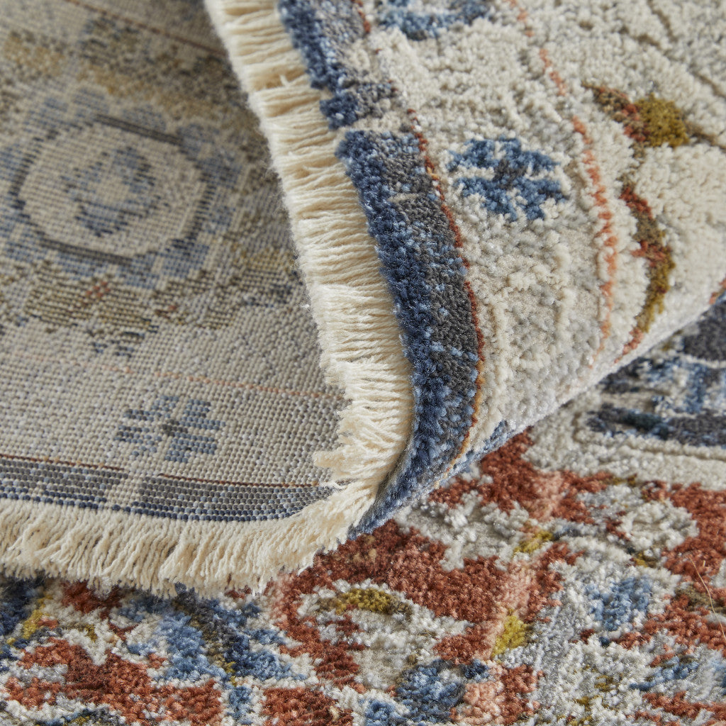 12 x 15 Ivory Blue & Red Floral Power Loom Rug With Fringe