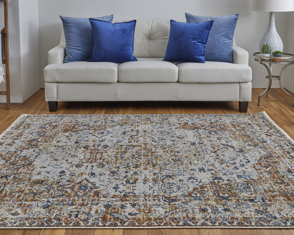 12 x 15 Tan Ivory & Orange Floral Power Loom Rug With Fringe