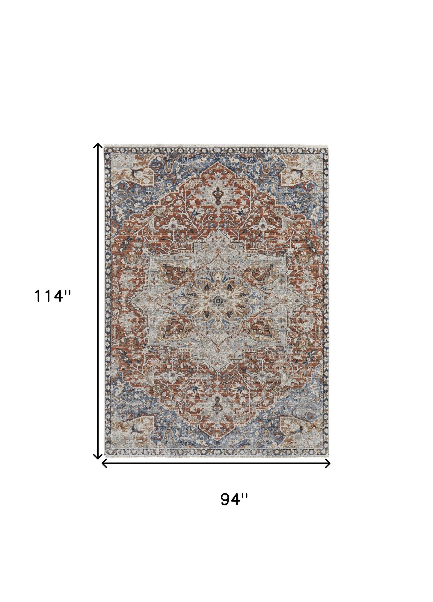 8 x 10 Orange Ivory & Blue Floral Power Loom Rug With Fringe