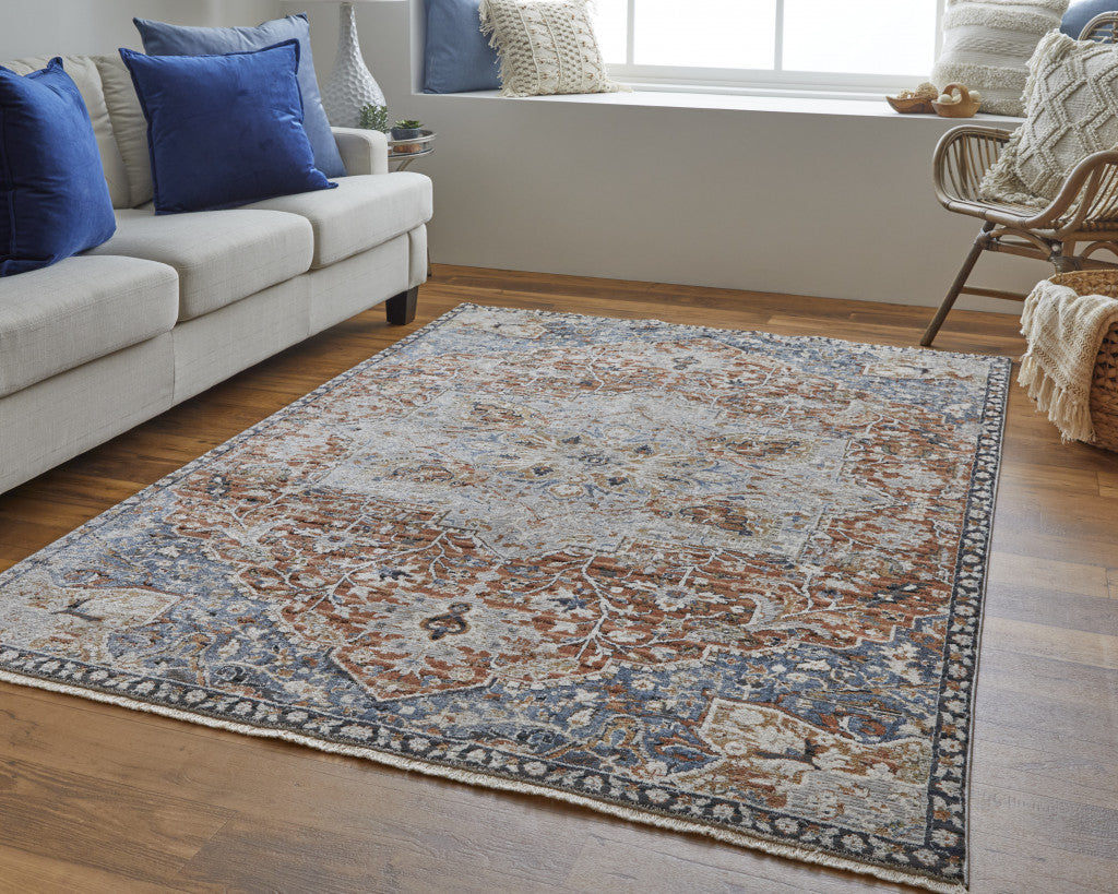 12 x 15 Orange Ivory & Blue Floral Power Loom Rug With Fringe