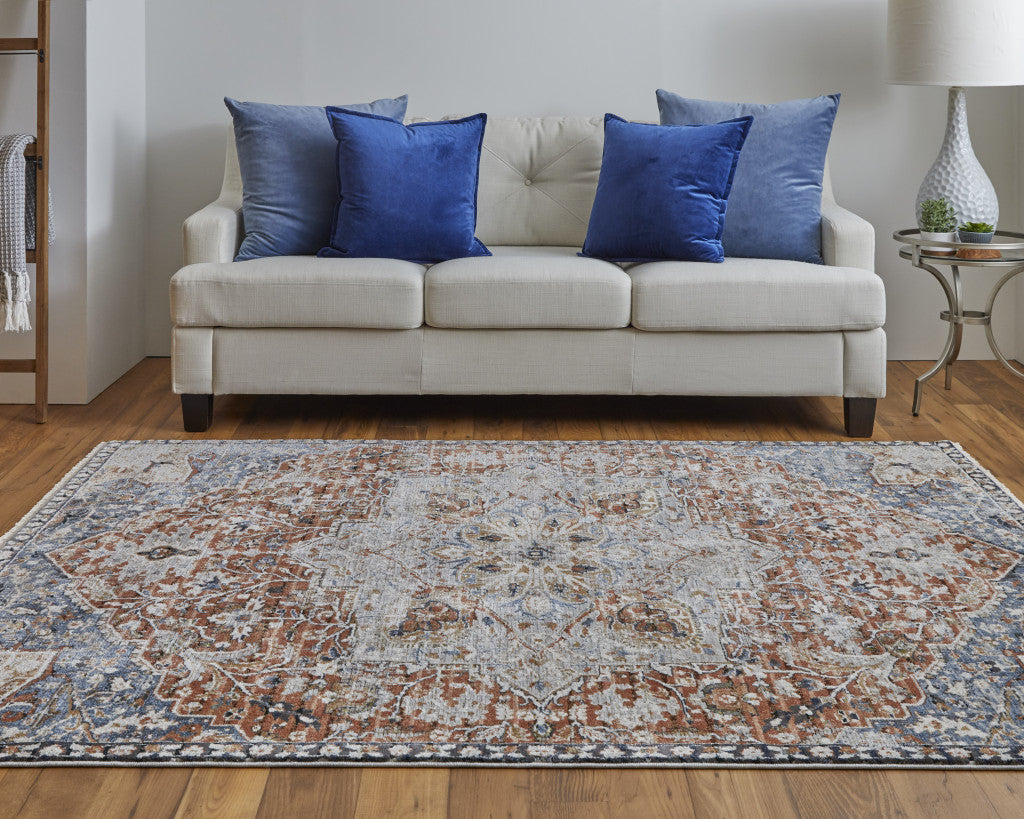 12 x 15 Orange Ivory & Blue Floral Power Loom Rug With Fringe