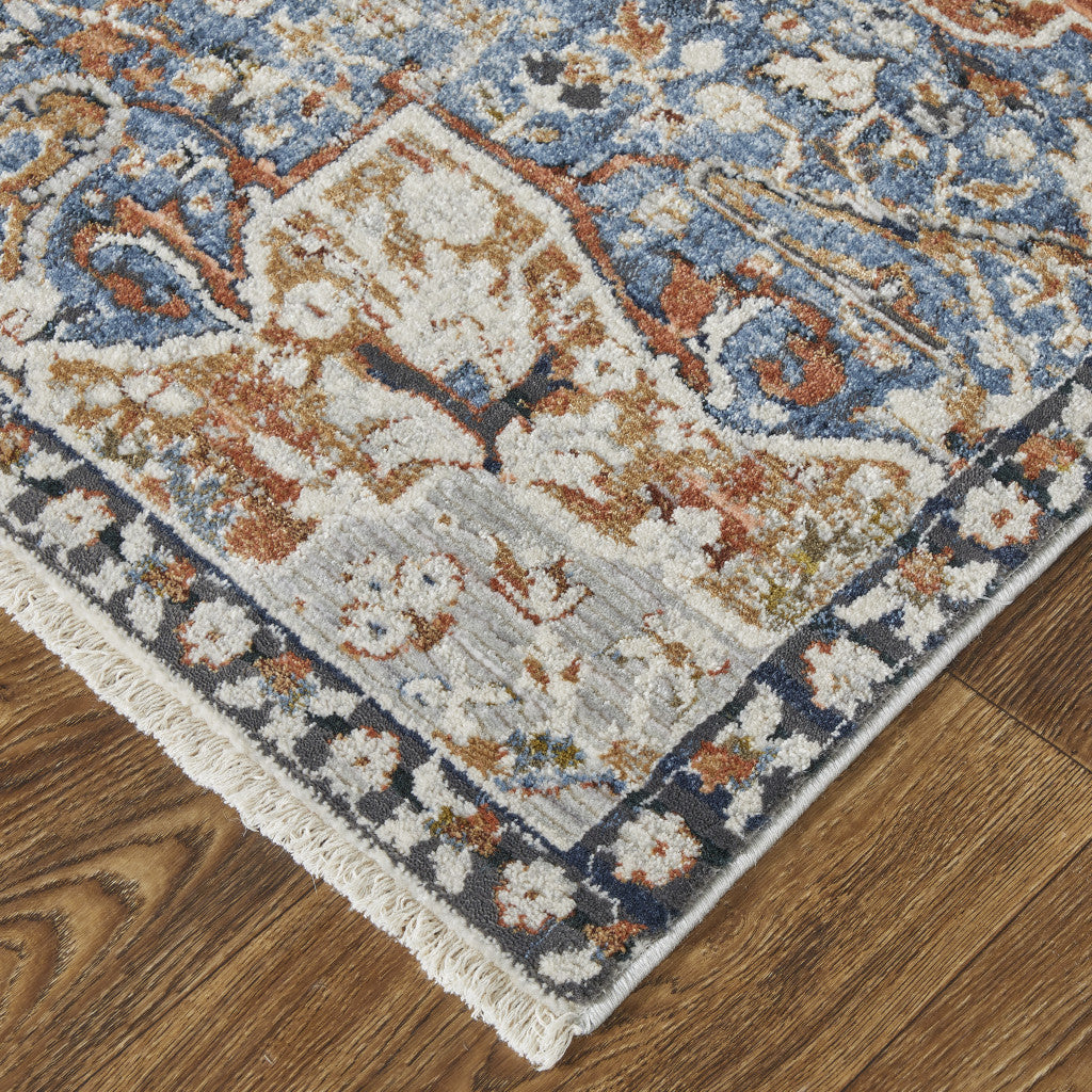 12 x 15 Orange Ivory & Blue Floral Power Loom Rug With Fringe