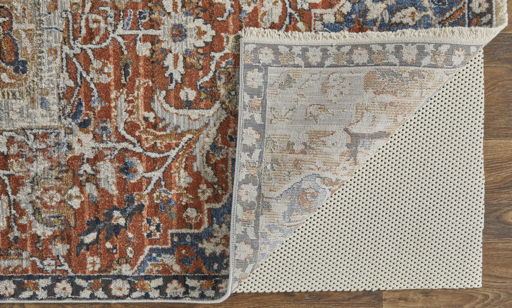 12 x 15 Orange Ivory & Blue Floral Power Loom Rug With Fringe