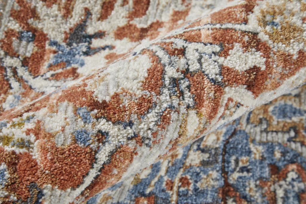 12 x 15 Orange Ivory & Blue Floral Power Loom Rug With Fringe