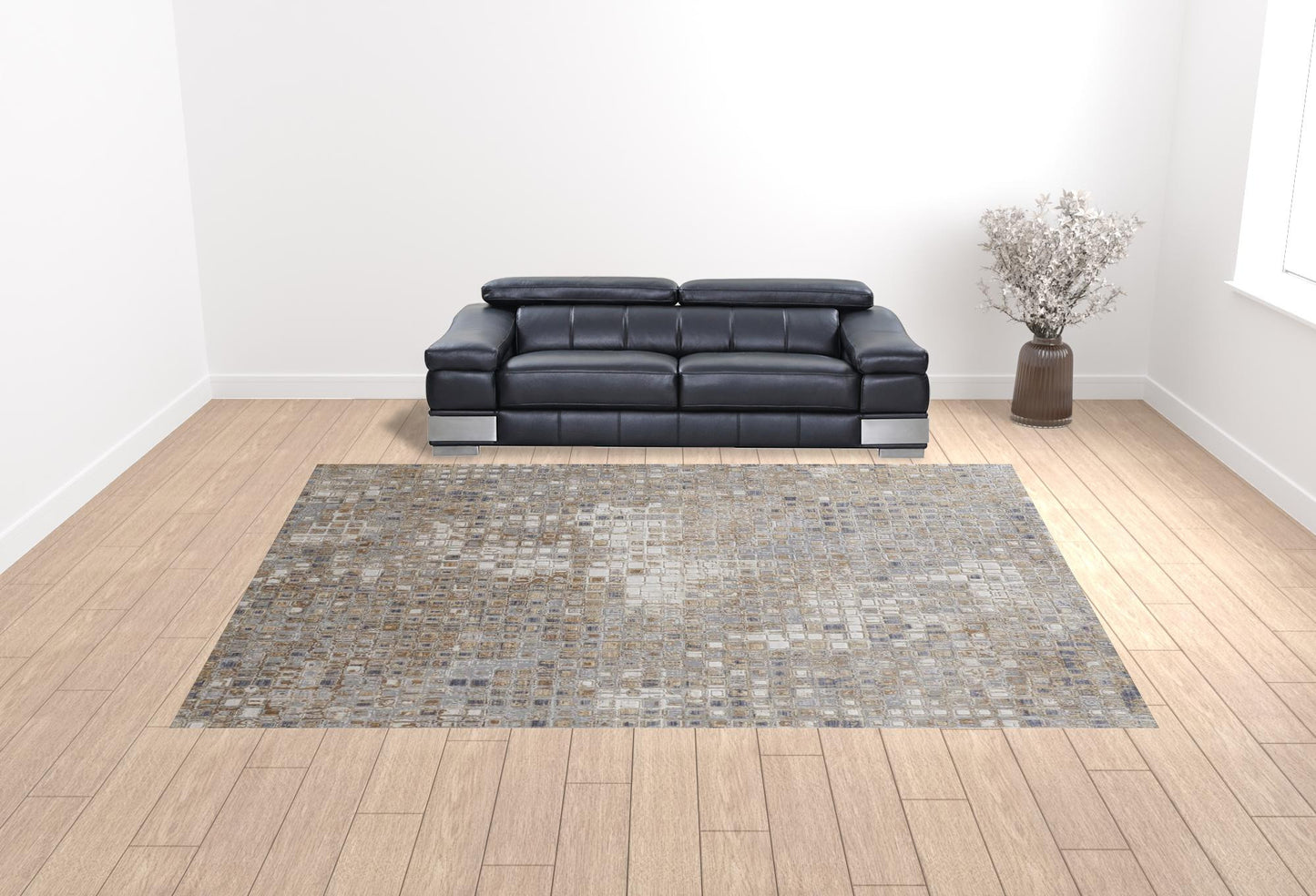 12 x 15 Tan Ivory & Blue Geometric Power Loom Distressed Rug