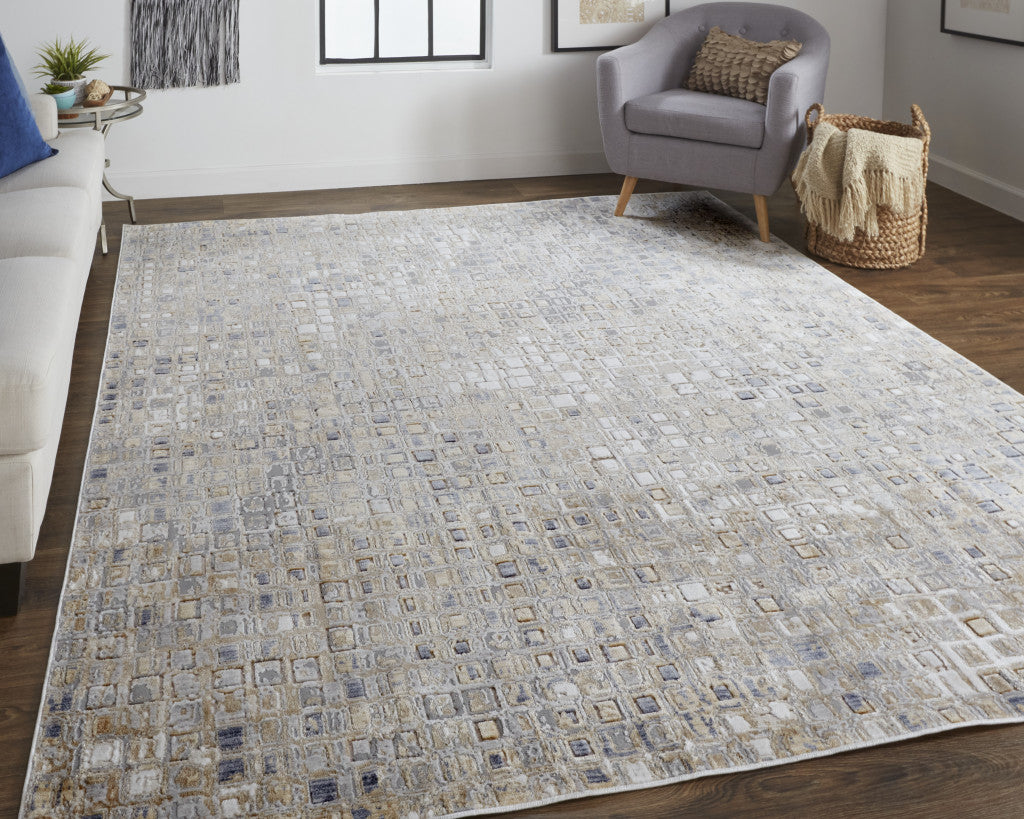 12 x 15 Tan Ivory & Blue Geometric Power Loom Distressed Rug